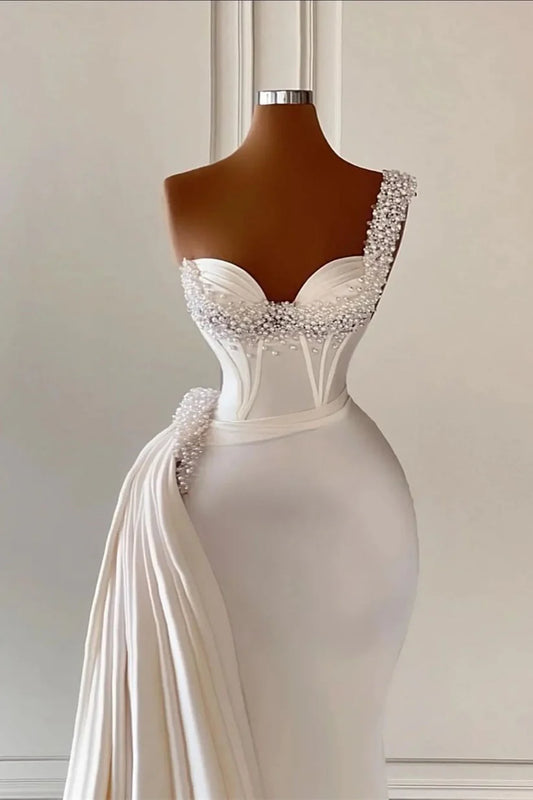 Long White Women Satin Mermaid Wedding Dresses with Pearls Abito Da Sposa