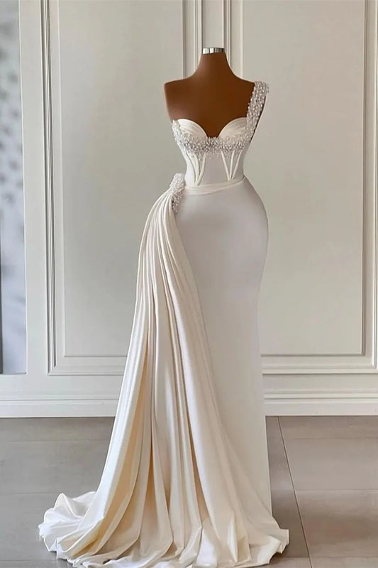 Long White Women Satin Mermaid Wedding Dresses with Pearls Abito Da Sposa