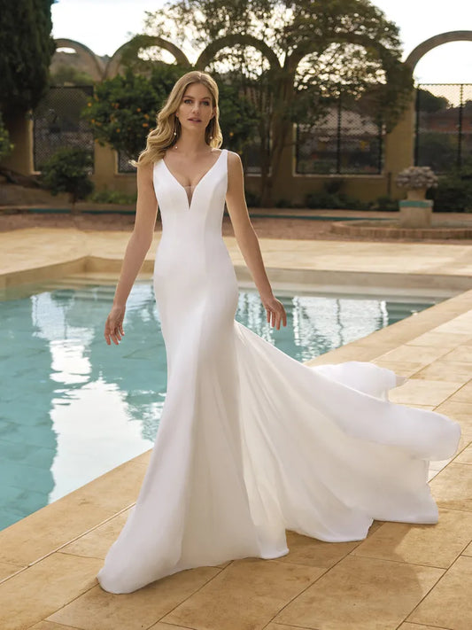 Vestidos De novia elegantes De sirena para mujer, vestidos De novia sencillos De satén con espalda abierta y tirantes finos con cuello en V, Vestidos De novia