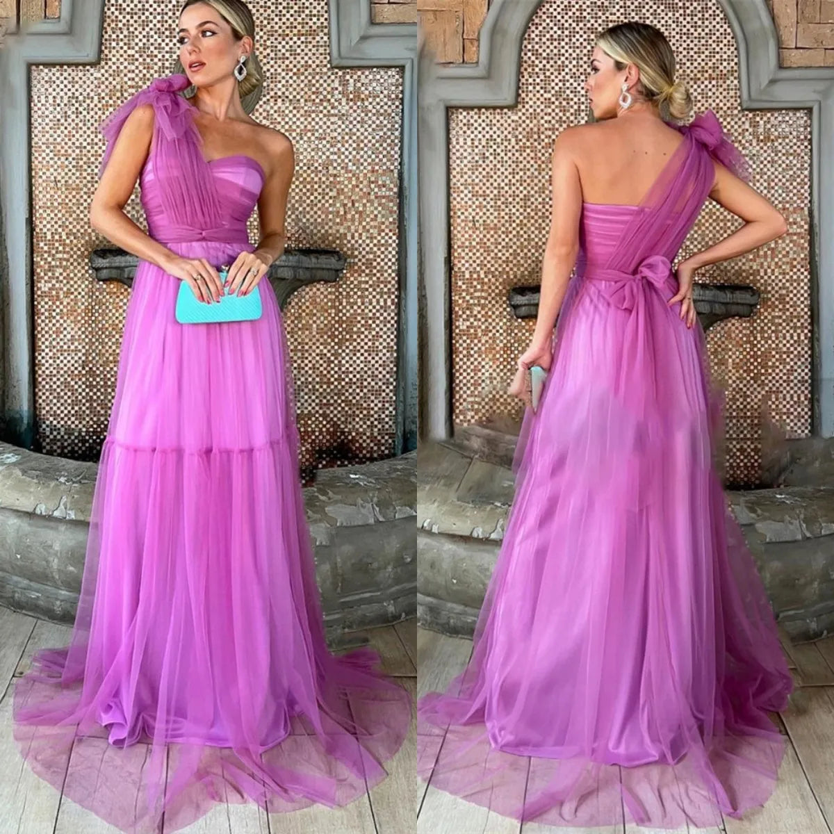 Vestidos de fiesta sexys con un solo hombro فساتين السهرة Vestidos de fiesta de corte A Vestidos de noche largos con diseño de lazo Múltiples opciones de color