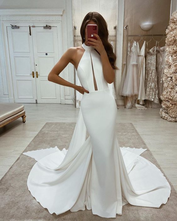 Crepe Halter Strapless Elegant Cut Out Mermaid Wedding Dress Simple Open Open Back Court Train Gaun Pengantin Kustom Made