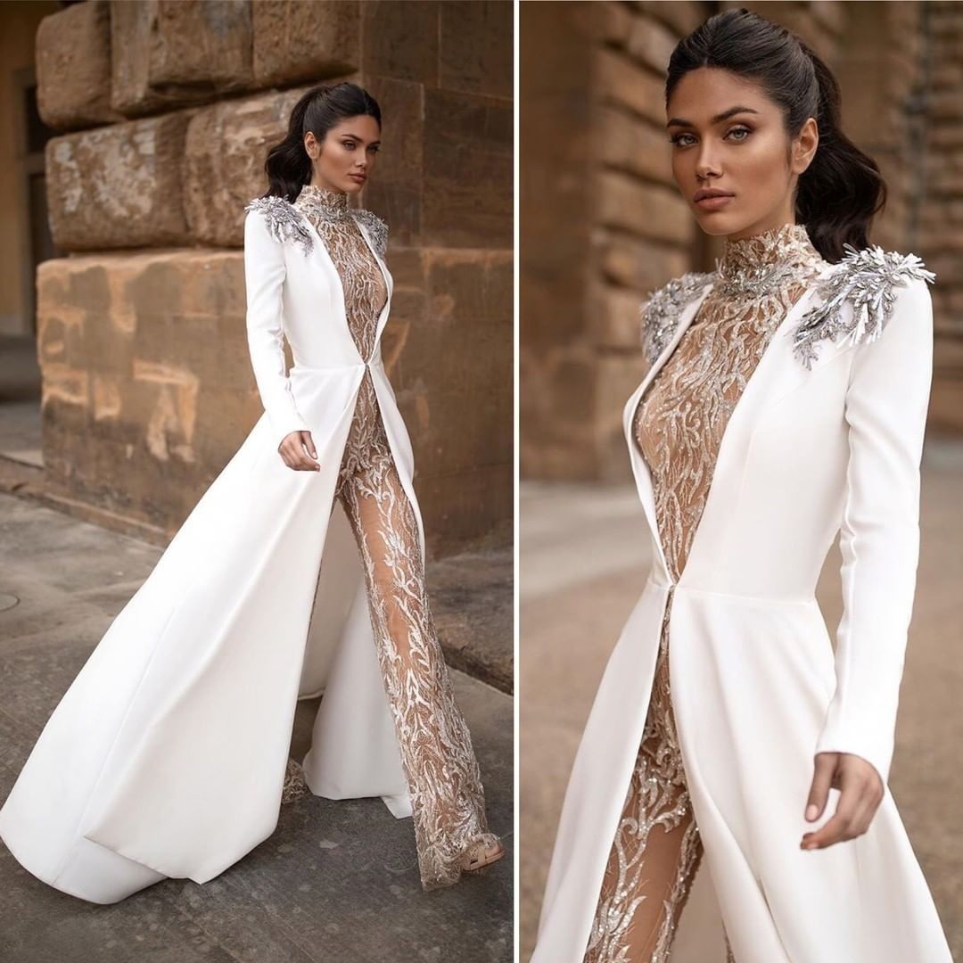 Sexy Open Back Pant Suit Vintage Champagne Wedding Jumpsuit With Long Coat Jacket Lace Applique Beaded High Neck Two Pieces