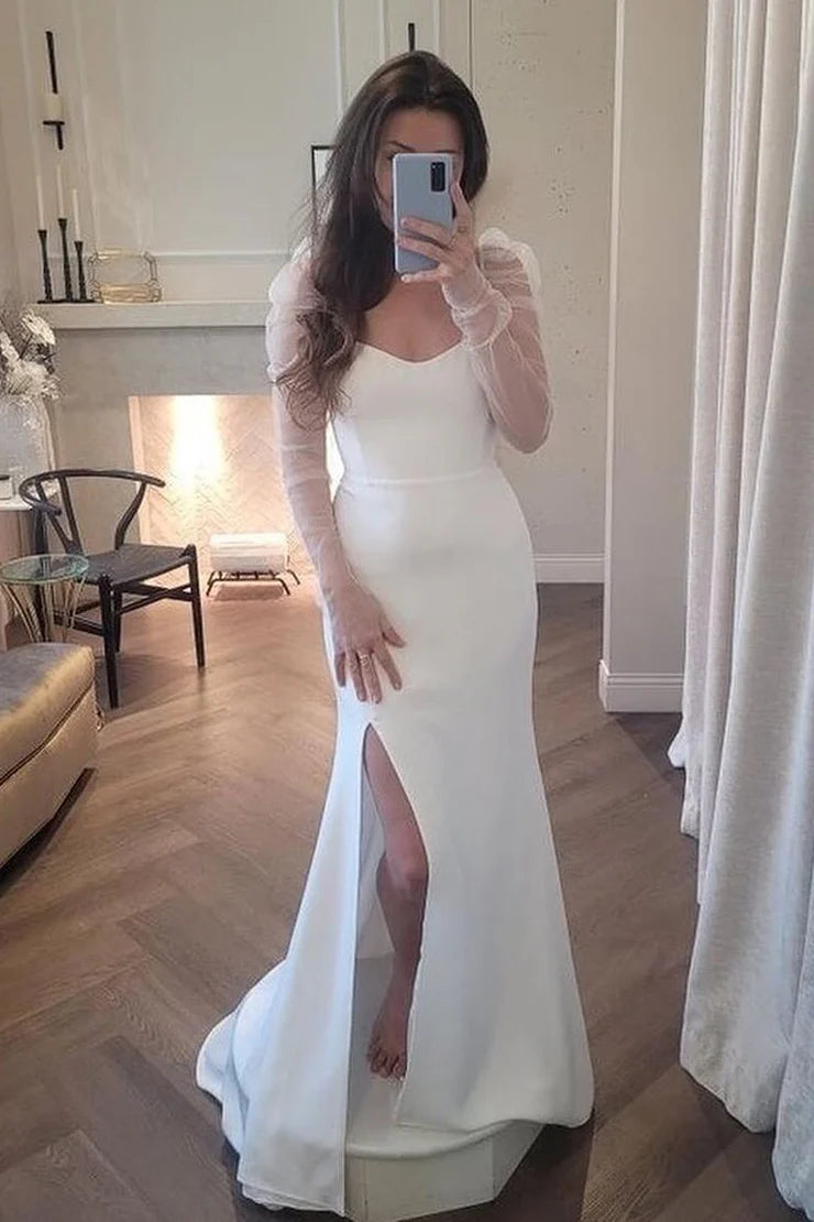 Elegant Mermaid Wedding Dresses Long Sleeves Stain Brides Party Dress Side Slit Bridals EVening Gowns vestidos novias boda