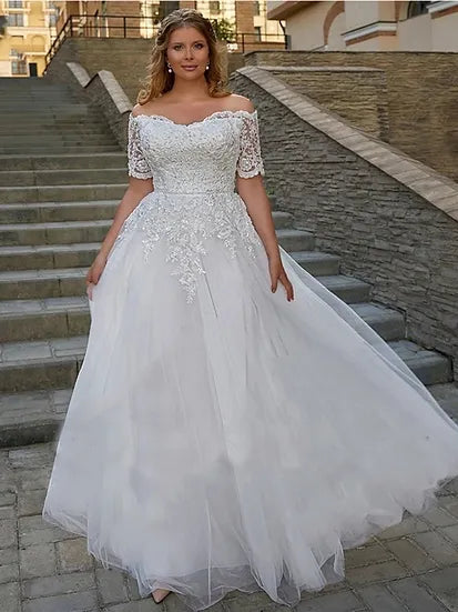 Eleganti abiti da sposa boho per donna maniche corte fuori spalla in pizzo applique abiti da sposa per la barca al collo più dimensioni