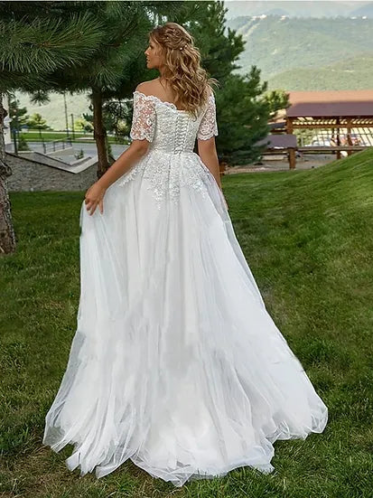 Eleganti abiti da sposa boho per donna maniche corte fuori spalla in pizzo applique abiti da sposa per la barca al collo più dimensioni