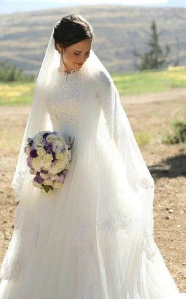 2022 Muslim Wedding Dresses O-Neck Long Sleeves Appliques Satin Tulle Floor Length Modest Wedding Gowns Bridal Dress Zipper