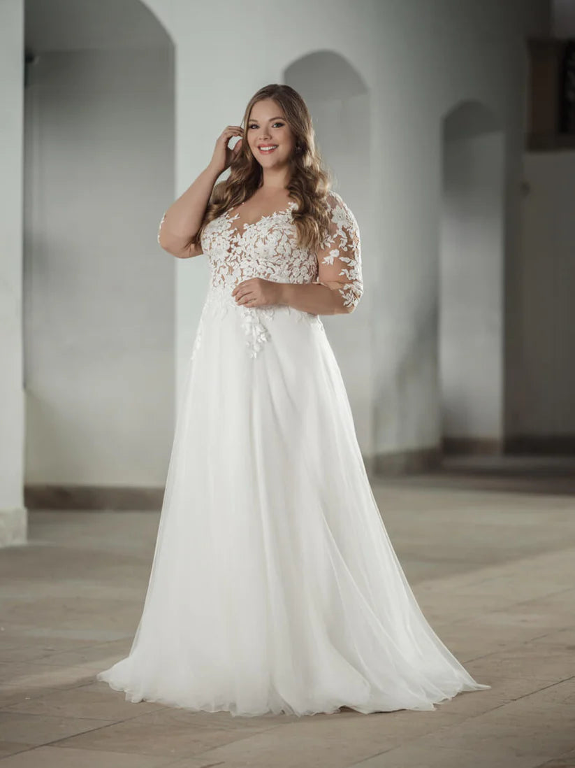 Jeheth Civil Plus Size Brautkleider für Frau Illusion Rücken Spitzen Applikationen Brautkleider Klassische A-Line Tulle Vestidos de Novia