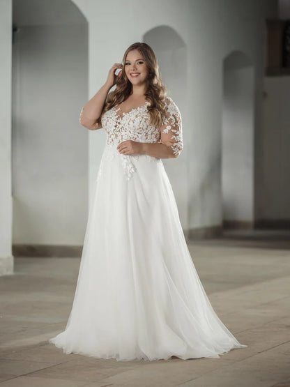 Jeheth Civil Plus ukuran gaun pengantin untuk wanita ilusi kembali renda applique bride gowns klasik a-line tulle vestidos de novia