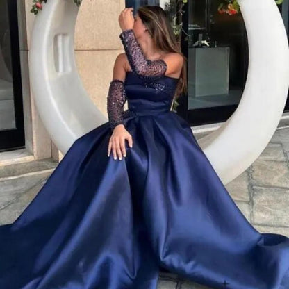 Elegant Dark Blue A-line Prom Dress Sexy Strapless Silk Satin Party Dress Sequins Glove Evening Dress Ball Gown فستان سهرة