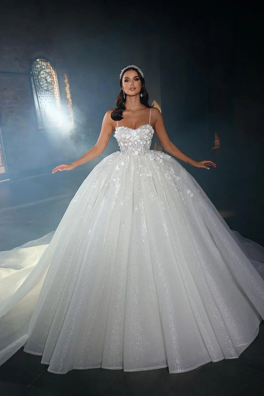 Abiti da sposa in pizzo glitter cinghie spaghetti con fiori 3d luccicanti abiti da sposa gonfio