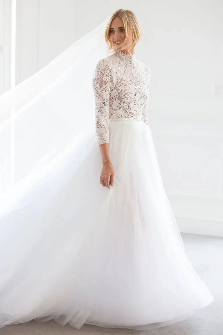 Muslim Wedding Dresses Long Sleeve High Princess Lace Bride Dresses Side Split Boho Vestidos de novia Ivory 14w