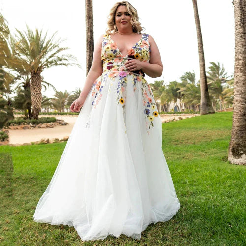 Vestido de novia de talla grande de tul con flores bordadas, cuello en V, sin mangas, vestido de novia con corsé con cordones y espalda descubierta floral colorido 