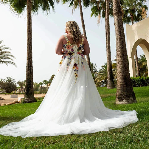 V Flores bordadas de pescoço Tulle Plus Tamanho Vestido de noiva sem mangas de renda floral colorida de costas UP vestido de noiva do espartilho