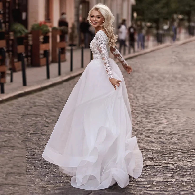 Gaun pengantin tulle bohemian tulle lengan panjang lace v leher gaun pengantin vestido de novia gaun pesta pernikahan sederhana