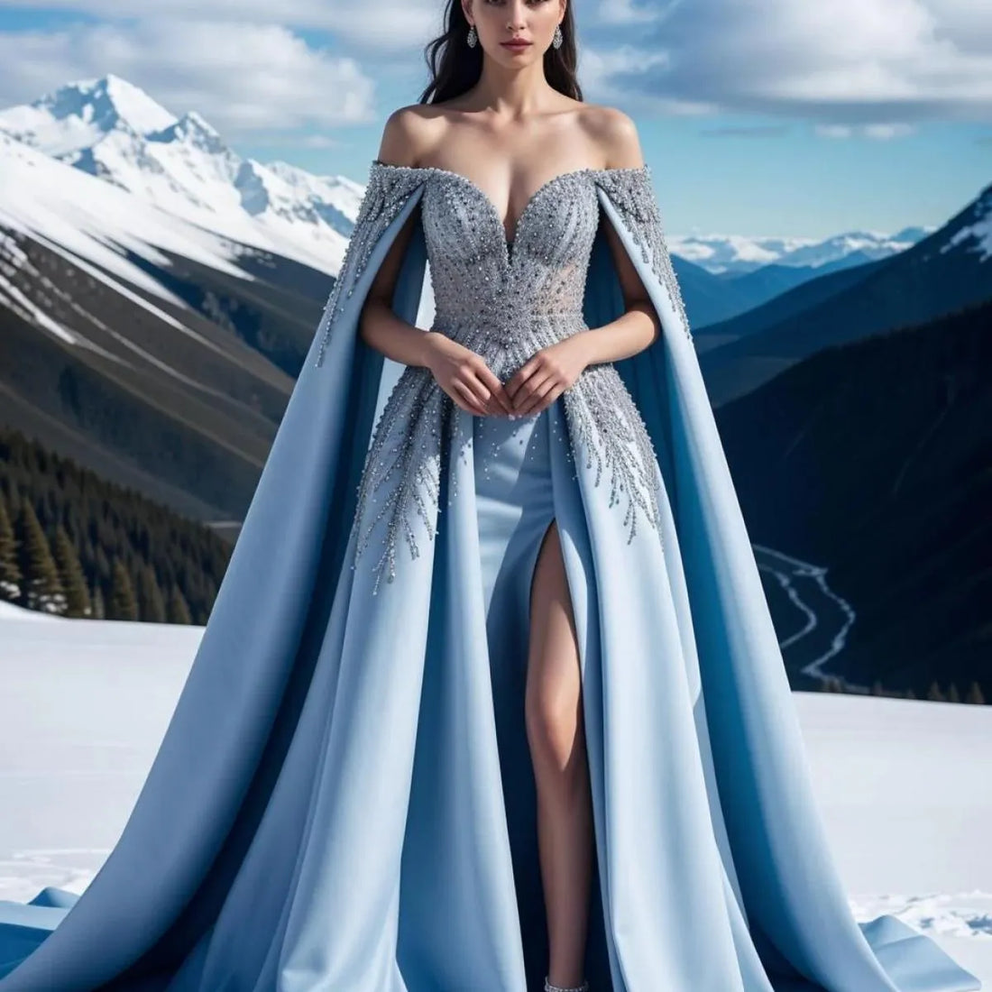 Dramatic Blue Arabic Dubai Evening Dresses with Shawl Cape Beaded Off Shoulder Formal Gown فساتين مناسبة رسمية Prom Dresses Blue