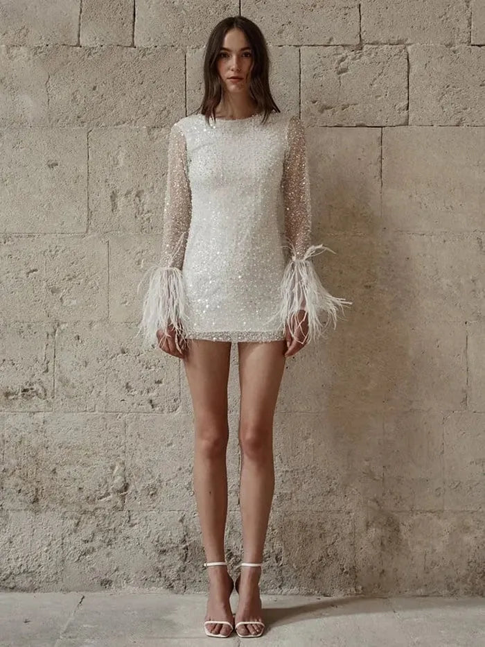 Long Sleeves Sequin Short Wedding Dress For Women Above Knee Beaded Feather Mini Sheath Modern Bridal Gown Ivory Short Wedding Dress
