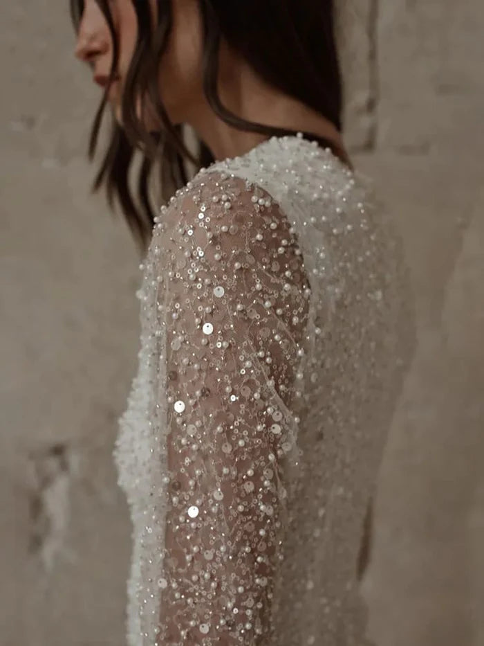 Maniche lunghe paillettes abiti da sposa corta per donne sopra il ginocchio in rilievo mini guaina moderna abito da sposa moderno