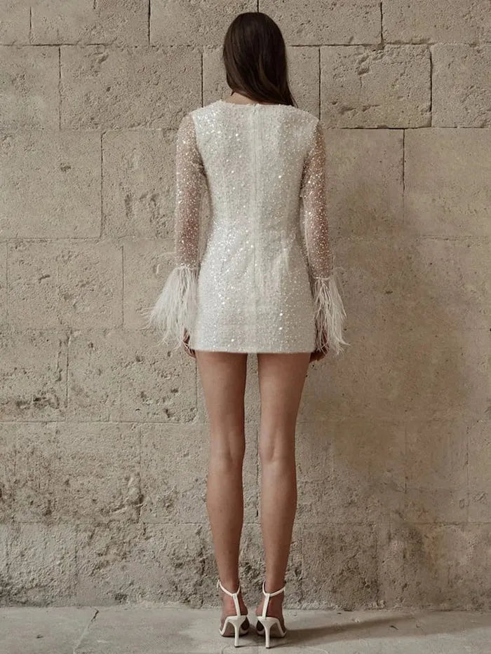 Long Sleeves Sequin Short Wedding Dress For Women Above Knee Beaded Feather Mini Sheath Modern Bridal Gown Ivory Short Wedding Dress