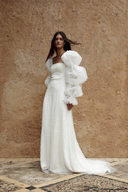 Vestidos de novia elegantes con perlas y cuello cuadrado, vestidos de fiesta de tul para novias, mangas abullonadas, vestidos largos de novia para graduación para mujer