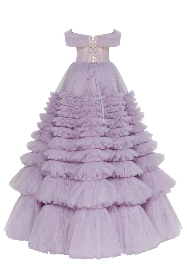 Vestido De Fiesta De tul con forma De pastel De lavanda malla multicapa con hombros descubiertos vestido De Fiesta sin mangas