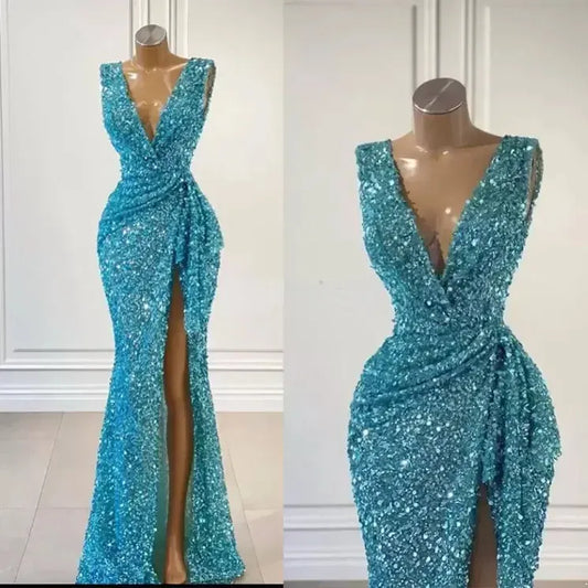 Blue Evening Dresses Sparkly Bling Sequine Mermaid V Neck Ruched Sleeveless Floor Length Formal Party Special Occasion Prom Gown