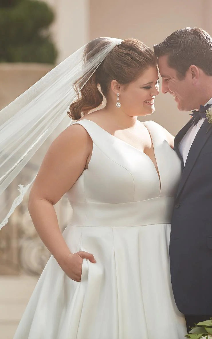 Vestidos De novia con tirantes finos y cuello en V, vestidos De novia clásicos De satén De talla grande, sin mangas, Vestido sencillo De boda 