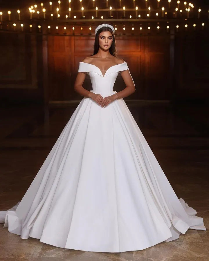 Cantik Gaun Perkahwinan Line Untuk Wanita Di luar bahu V Leher Satin Formal Princess Fashion Bride Gowns Vestidos de Novia