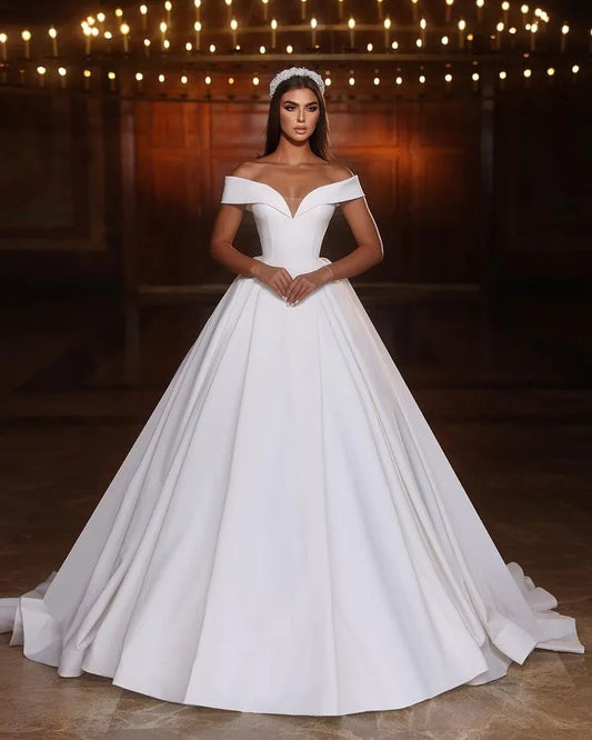 Preciosos vestidos De Novia De línea A para mujer con hombros descubiertos y cuello en V satén Formal princesa Vestidos De Novia De moda Vestidos De Novia