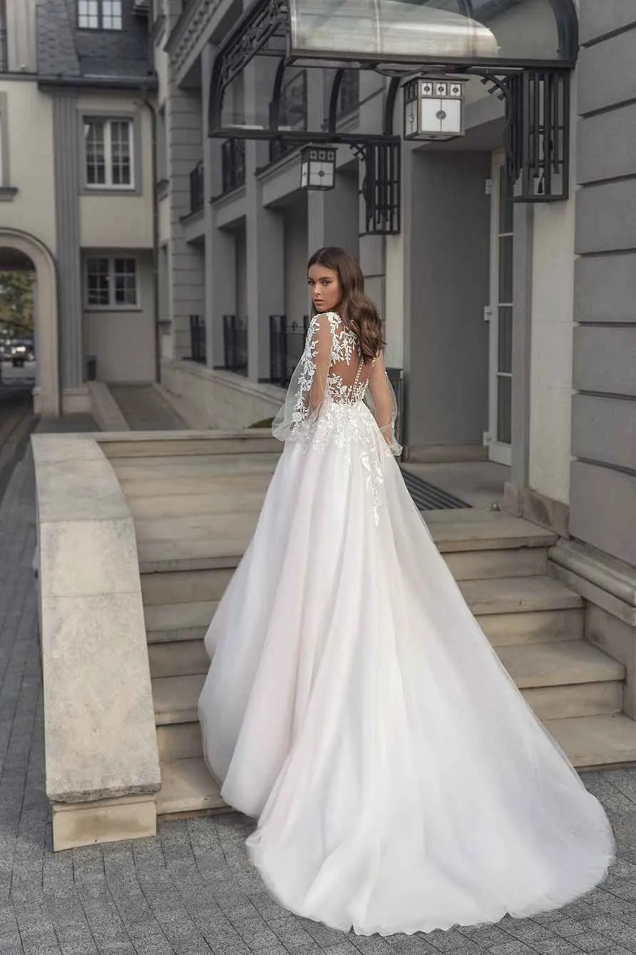 Puffy Sleeve Lace Wedding Dresses Plus Size Boho Bridal Gowns Princess Tulle Wedding Gown Beach Party Dress Illusion WHITE Custom size