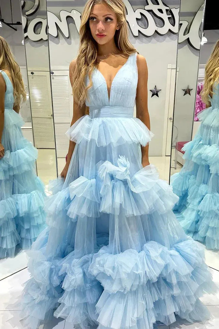 Sky Blue V-neck Prom Dresses Multilayer Tulle A-line فساتين السهرة Elegant Sleeveless Floor-Length vestidos verano moda as pic