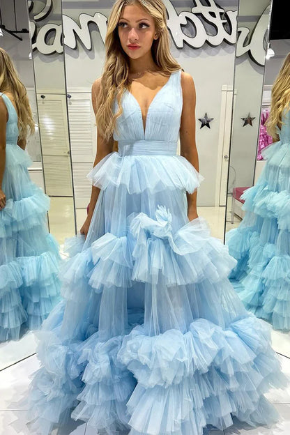 Sky Blue V-neck Prom Dresses Multilayer Tulle A-line فساتين السهرة Elegant Sleeveless Floor-Length vestidos verano moda