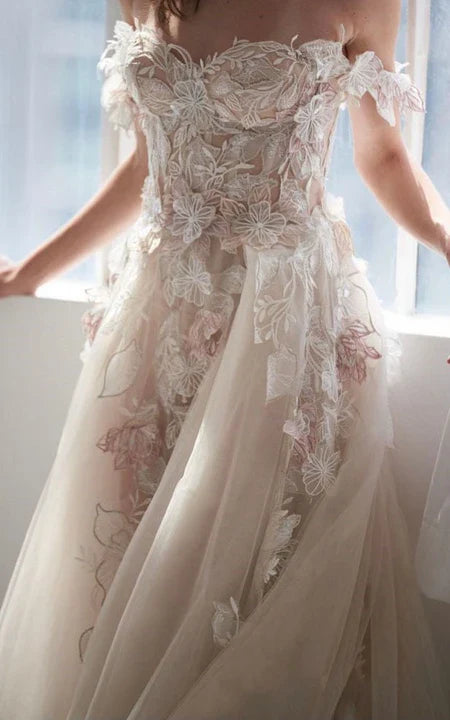 Appliques florales robes de mariée de campagne romantique dentelle a-ligne épaules dénudées dos nu Sexy Tulle Boho robes de mariée 