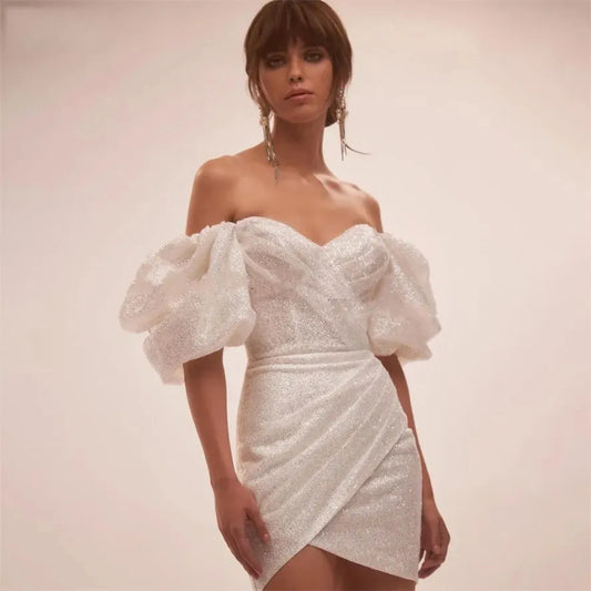 Robe de soirée de mariage sirène courte à paillettes, manches bouffantes en cœur, robes de bal de mariée brillantes, robe de Cocktail à lacets