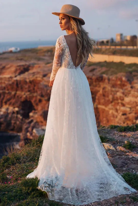 Elegant Lace Wedding Dresses Boho Long Sleeve Tulle Bridal Gown A-line Beach Wedding Gowns Bohemia Princess Party Dress Ivory 14W