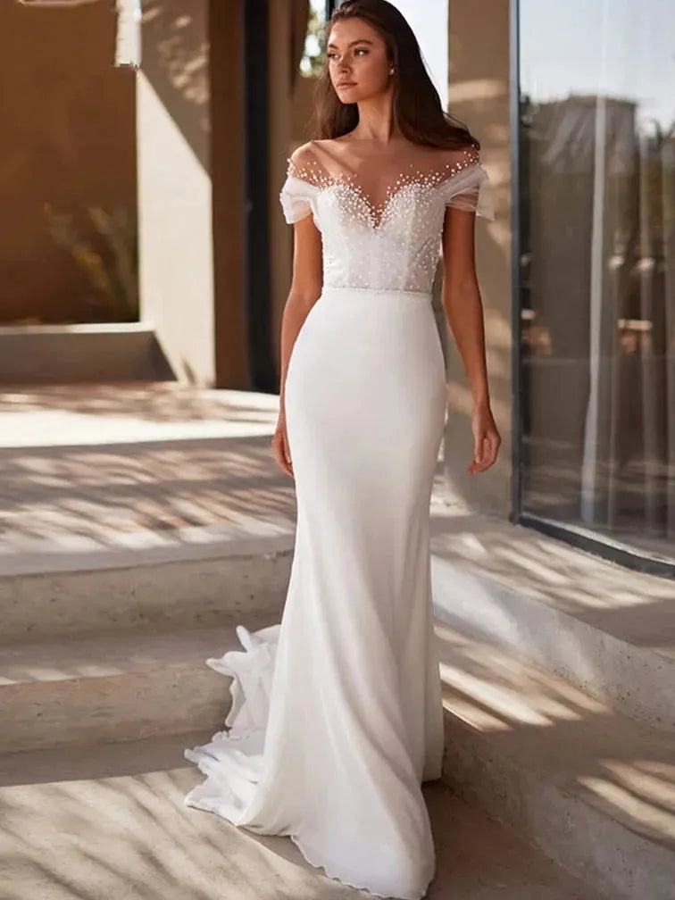 Off the Shoulder Chiffon Mermaid Wedding Dresses Pattern Beach Mermaid Gown Scoop Neck Lace Sweep Train Vestido De Novia 50cm