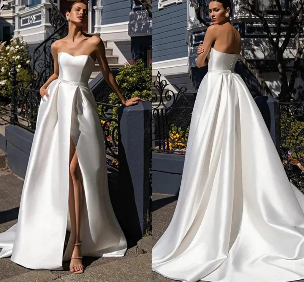 Apliques de renda um vestido de noiva de manga de sopro dividido vestidos de novia mancha tobe de mariée para mulheres vestido de trem personalizado