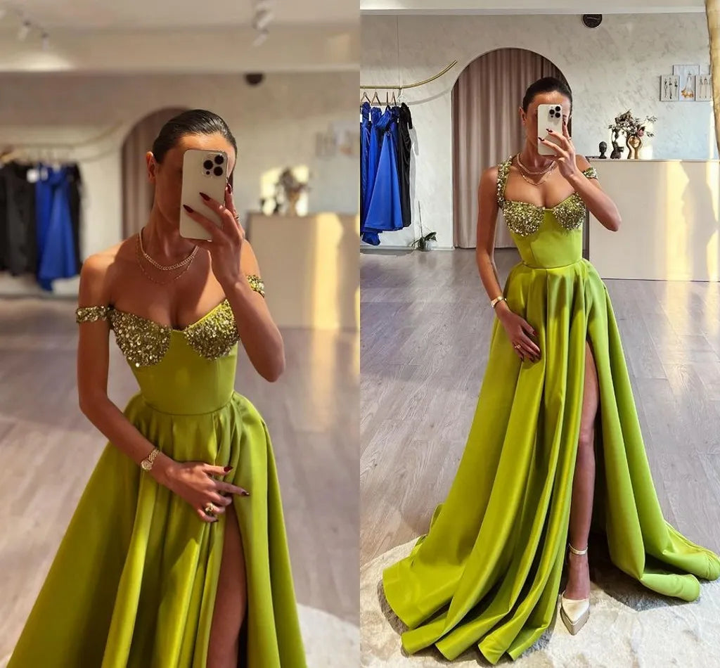 Rhinestone Beaded Prom Dresses Off Shoulder A Line Front Slit V Neckline Front Slit A Line Sweep Train Evening Gown Formal Party