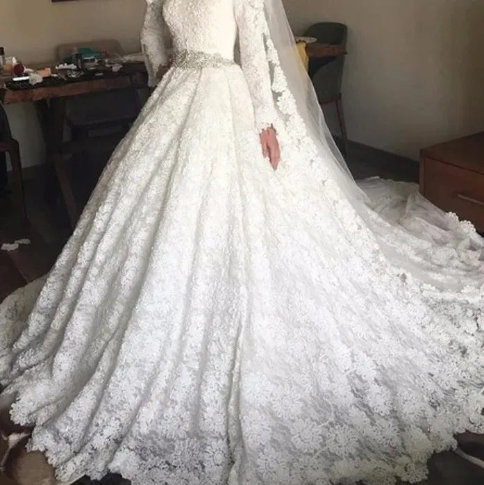 Muslim Wedding Dress | Saudi Arabia Turkey Women Ball Gown Hand Made Long Sleeve Wedding Gown Lace Muslim Wedding Dress Bridal Dress Vestido De Noiva 14w