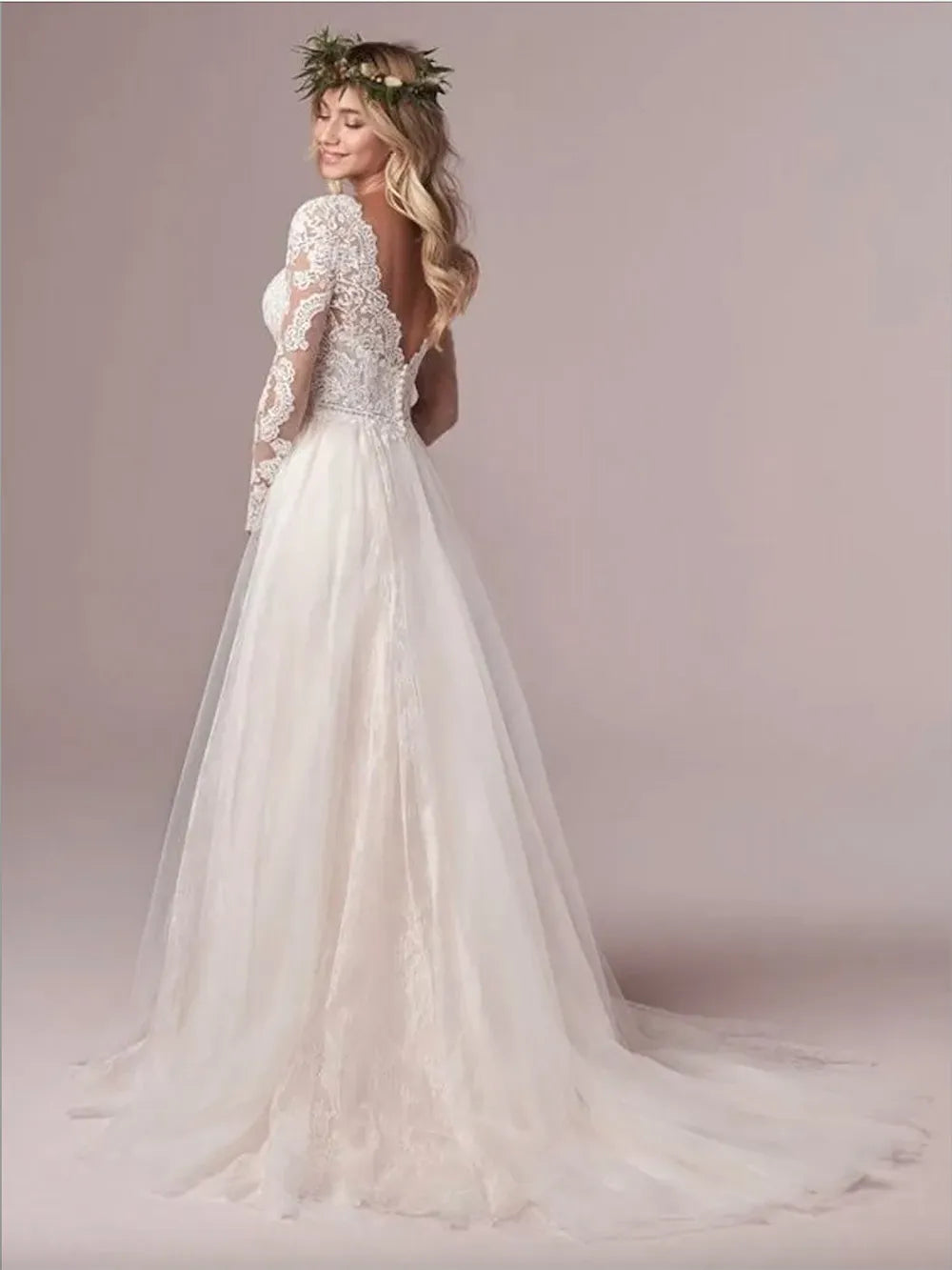 Roddrsya uma linha de mangas compridas vestidos de noiva vestidos de noiva de renda Tulle Ivory vestido de novia aberta