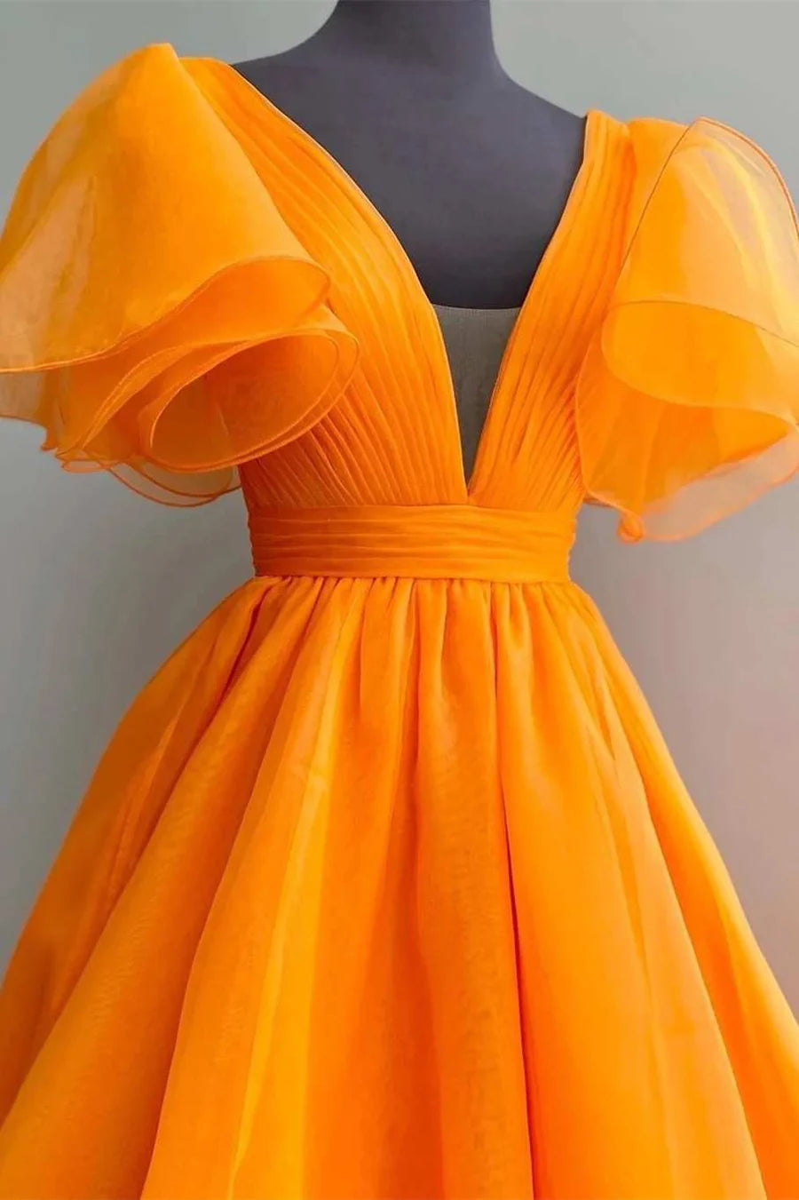 Organza Orange Prom Dress Long A Line Pleat Cap Short Puffy Sleeves V Neck Evening Party Gown Long Women Custom made