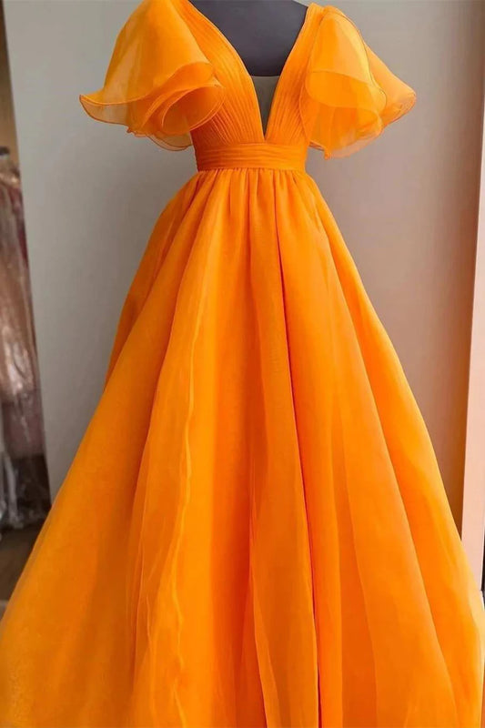 Organza Orange Prom Dress Long A Line Pleat Cap Short Puffy Sleeves V Neck Evening Party Gown Long Women Custom made