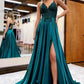 Deep V Neck Royal Blue Evening Dresses Satin Long Front Slit Sexy Front Split Lace Applique Beaded Prom Gown Formal Party