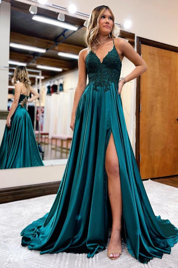 Deep V Neck Royal Blue Evening Dresses Satin Long Front Slit Sexy Front Split Lace Applique Beaded Prom Gown Formal Party