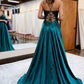 Deep V Neck Royal Blue Evening Dresses Satin Long Front Slit Sexy Front Split Lace Applique Beaded Prom Gown Formal Party