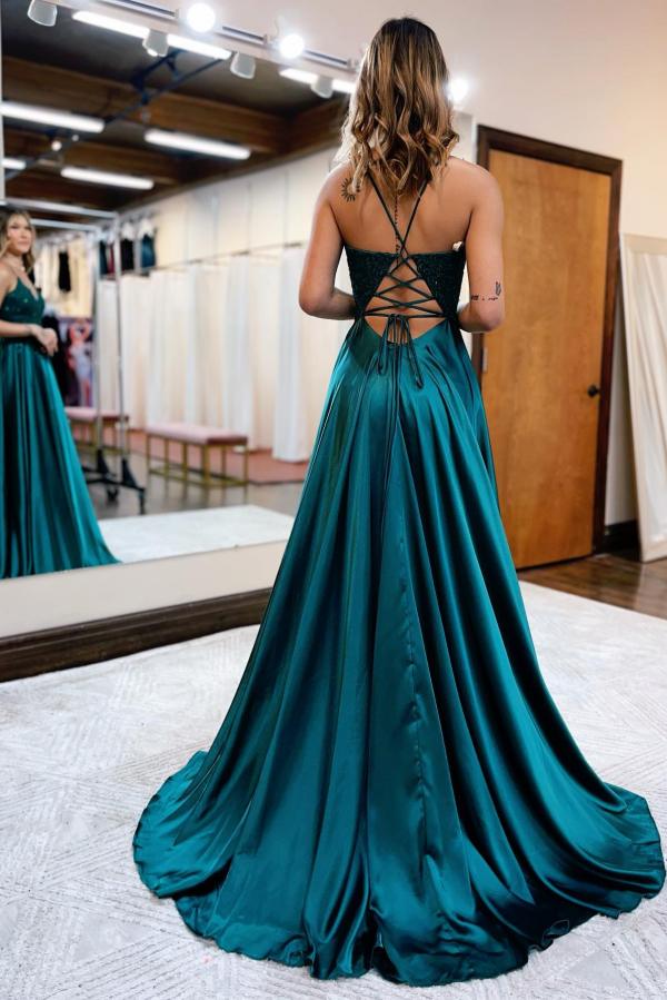 Deep V Neck Royal Blue Evening Dresses Satin Long Front Slit Sexy Front Split Lace Applique Beaded Prom Gown Formal Party