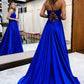 Deep V Neck Royal Blue Evening Dresses Satin Long Front Slit Sexy Front Split Lace Applique Beaded Prom Gown Formal Party