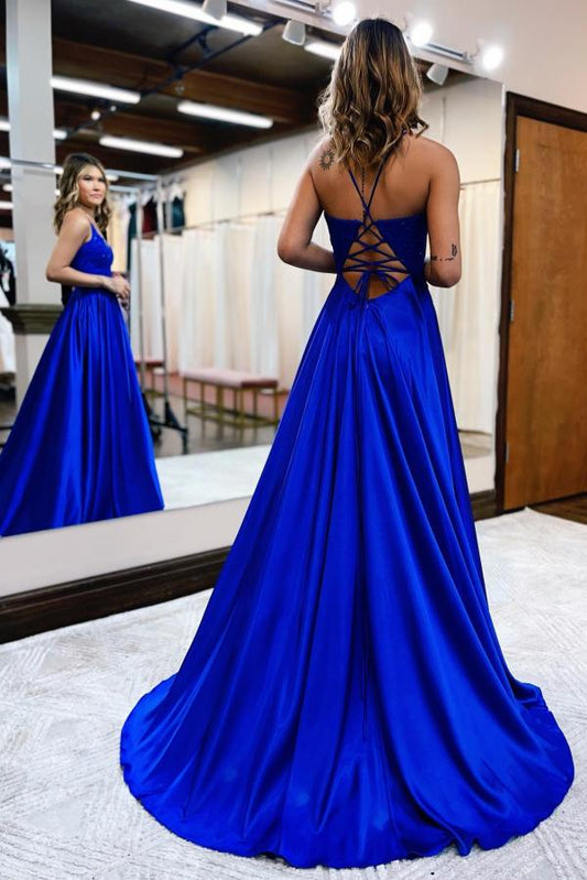 Deep V Neck Royal Blue Evening Dresses Satin Long Front Slit Sexy Front Split Lace Applique Beaded Prom Gown Formal Party