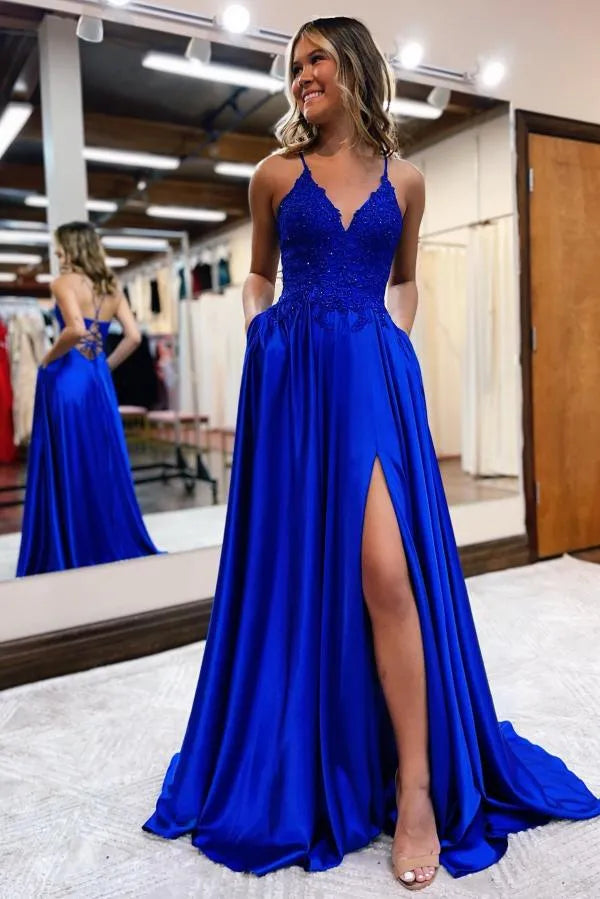 Deep V Neck Royal Blue Evening Dresses Satin Long Front Slit Sexy Front Split Lace Applique Beaded Prom Gown Formal Party Blue