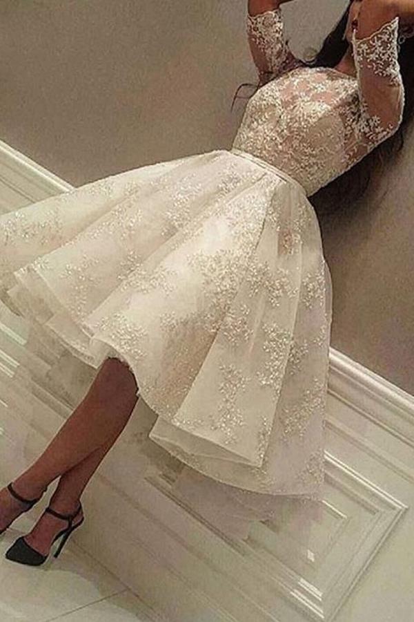 Mode Hochzeit Spitzenkleid Kleides Kleid weiße Elfenbein kurze Brautkleider Spitze Tee Länge Vestido de Novia Vestido Novia