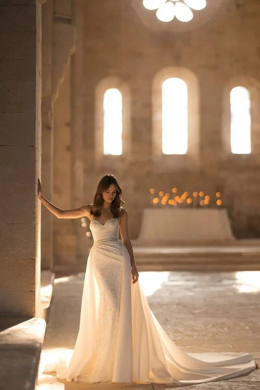 Vestido de novia de sirena, sin mangas, plisado de lentejuelas, vestidos de novia de satén de dos piezas, tren desmontable, vestidos de novia Vintage 